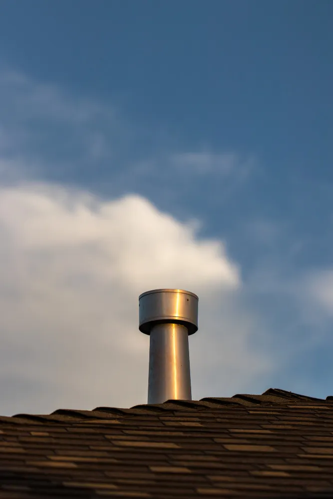Metal chimney pipe extending from a shingled rooftop under a blue sky with scattered clouds.