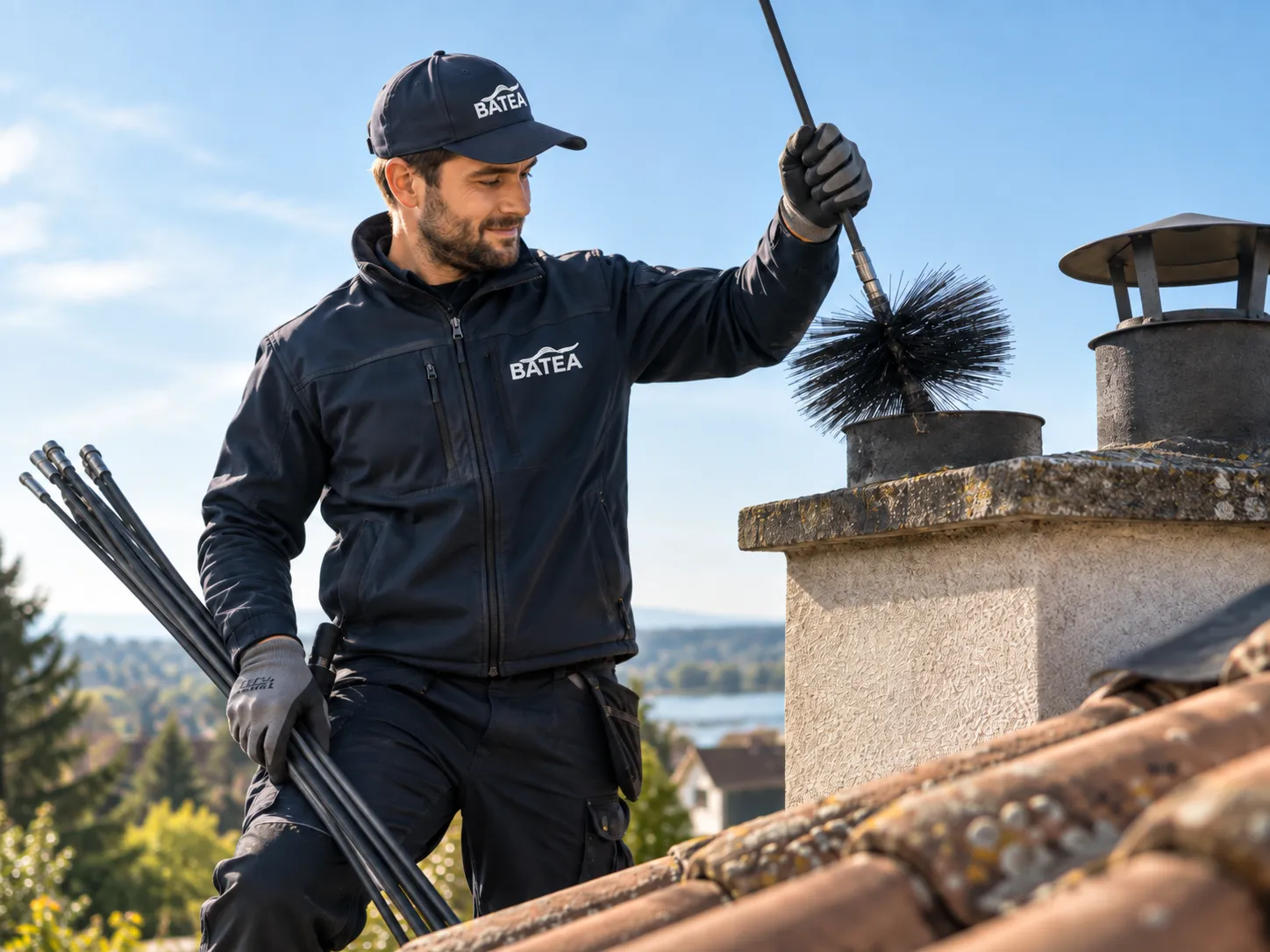 A chimney sweep in dark work clothes and gloves cleans a chimney brush on a rooftop, holding several metal rods, with a scenic background of trees and houses.