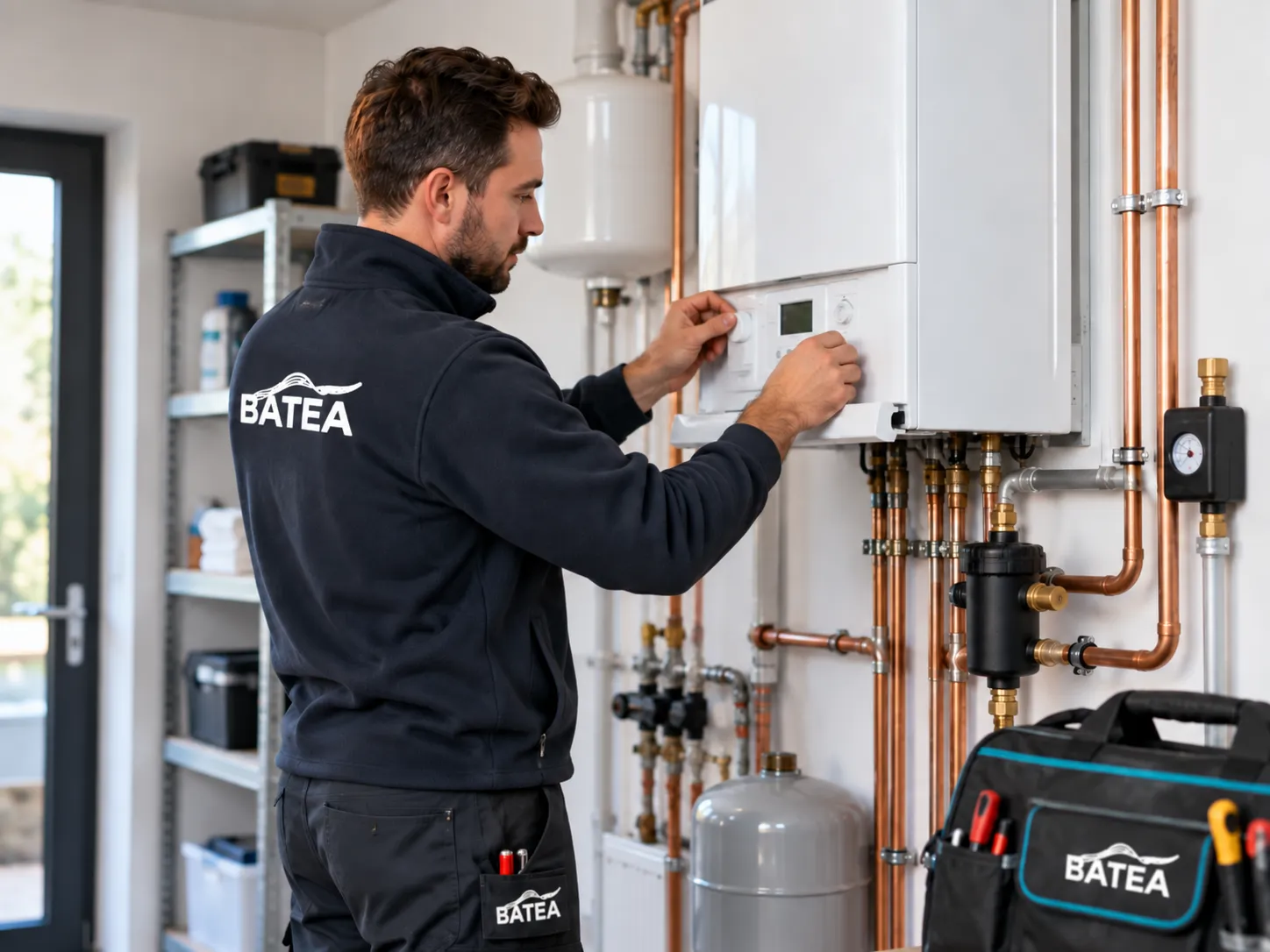 A male technician wearing a dark jacket with the BATEA logo adjusts the controls on a white wall-mounted boiler and copper piping in a utility room.