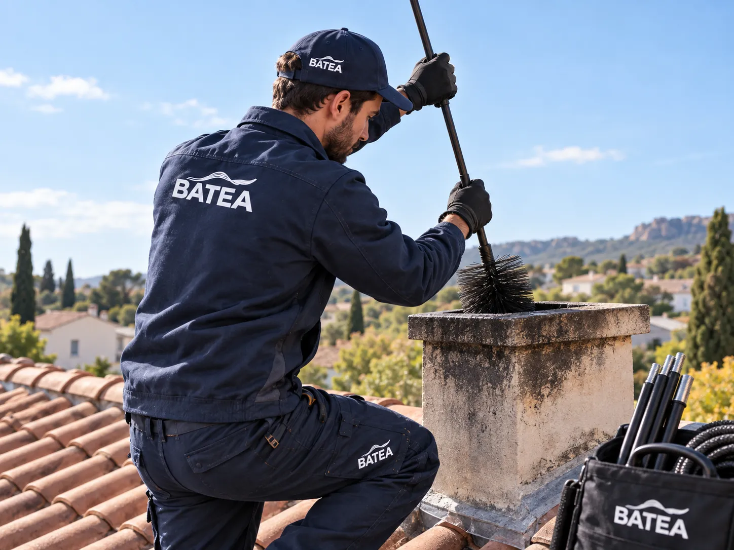 A worker wearing a navy blue uniform with the logo 'BATEA' on the back and cap is cleaning a chimney on a tiled roof using a long-handled brush, with tools in a bag beside him and a scenic background of trees and houses under a clear blue sky.
