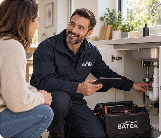A plumber in a black BATEA uniform kneels beside an open kitchen cabinet under the sink, holding a tablet and smiling as he talks to a woman sitting nearby.