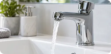 Close-up of a modern chrome faucet with water flowing into a white sink, with blurred soap dispenser and plant in the background.