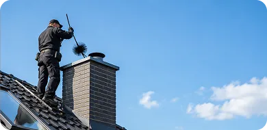 A worker in black attire cleaning a brick chimney on a rooftop under a blue sky, holding a chimney brush with bristles.