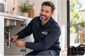 Smiling male plumber in a dark blue uniform with logo 'BATEA' using a wrench to fix pipes under a kitchen sink in a modern home with bright window in the background.