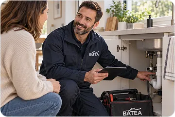 A male plumber in a navy BATEA uniform holds a tablet and smiles while pointing at pipes under a kitchen sink, talking to a seated woman.