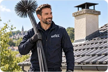Smiling chimney technician in a black jacket holding a chimney brush with a round head, standing on a rooftop next to a chimney.