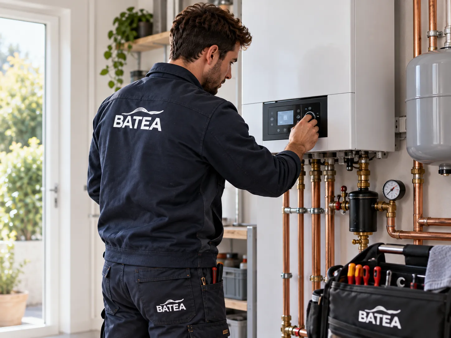 Technician in a navy BATEA uniform adjusting the controls of a white wall-mounted boiler connected to copper pipes in a utility room.