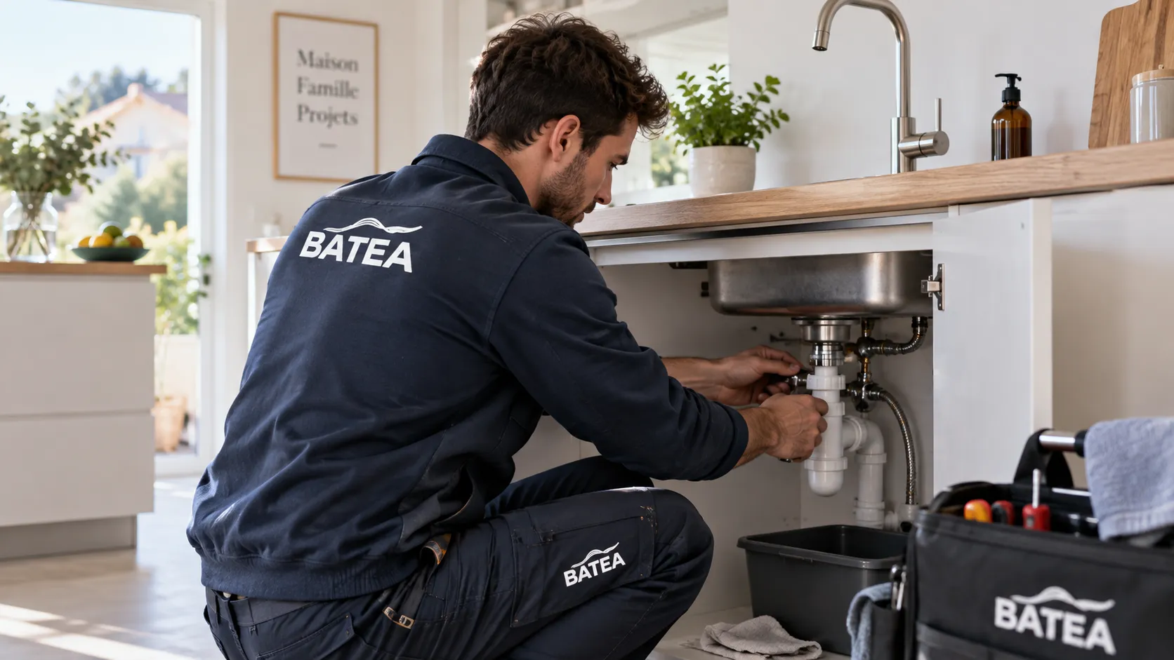 A plumber in a navy uniform with the BATEA logo on the back and leg is kneeling and repairing white pipes under a kitchen sink with a black toolbox nearby.