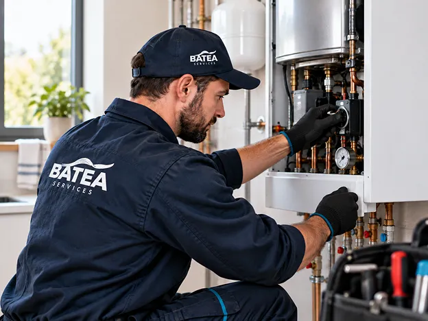 Technician wearing Batea Services uniform and cap adjusting a valve on a boiler system indoors, with tools visible in the foreground.