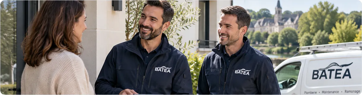 Two men wearing navy BATEA jackets smiling and talking to a woman with brown hair in a beige sweater outdoors in front of a building, with a white van branded with BATEA parked nearby and trees in the background.