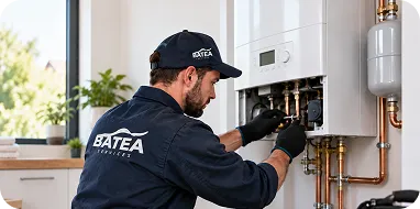 Technician wearing a blue uniform and cap labeled 'BATEA' servicing a wall-mounted boiler in a bright room.